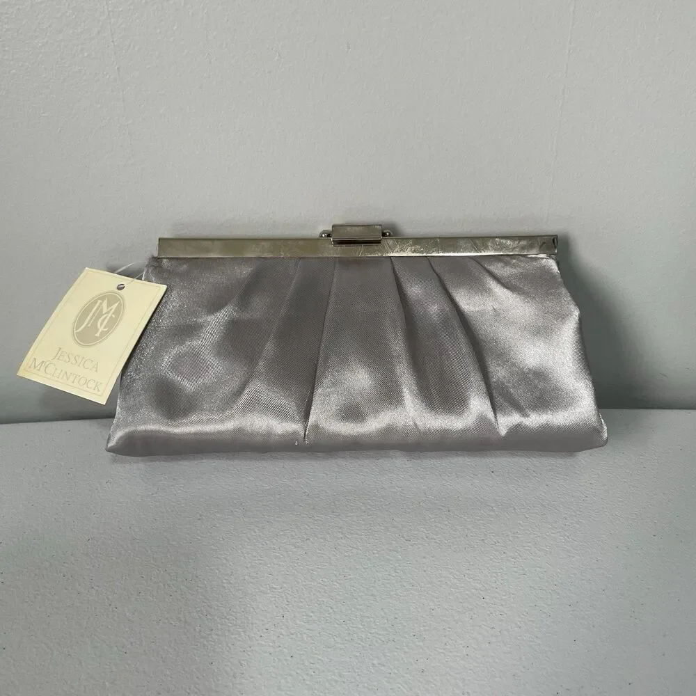 Jessica McClintock Vtg. Silk Clutch Purse Shoulder Bag Silver Gray Metal Clasp